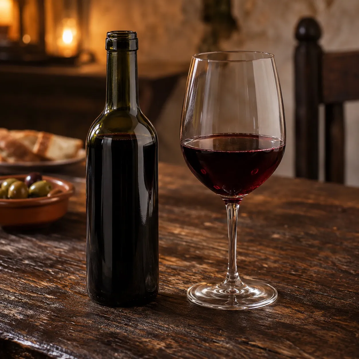 Media botella de vino tinto y una copa